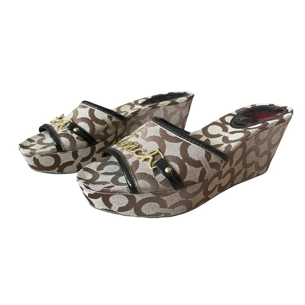 Coach Carissa Optic Art Wedge Sandals Brown Women’s Size 8.5
